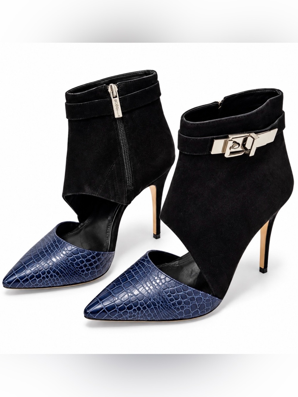 BCBGeneration Black Suede & Navy Croc-Embossed Pointed Toe Ankle Boots